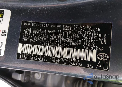 2017 Toyota Corolla Le z USA, uszkodzony, nr VIN 2T1BURHE1HC781114